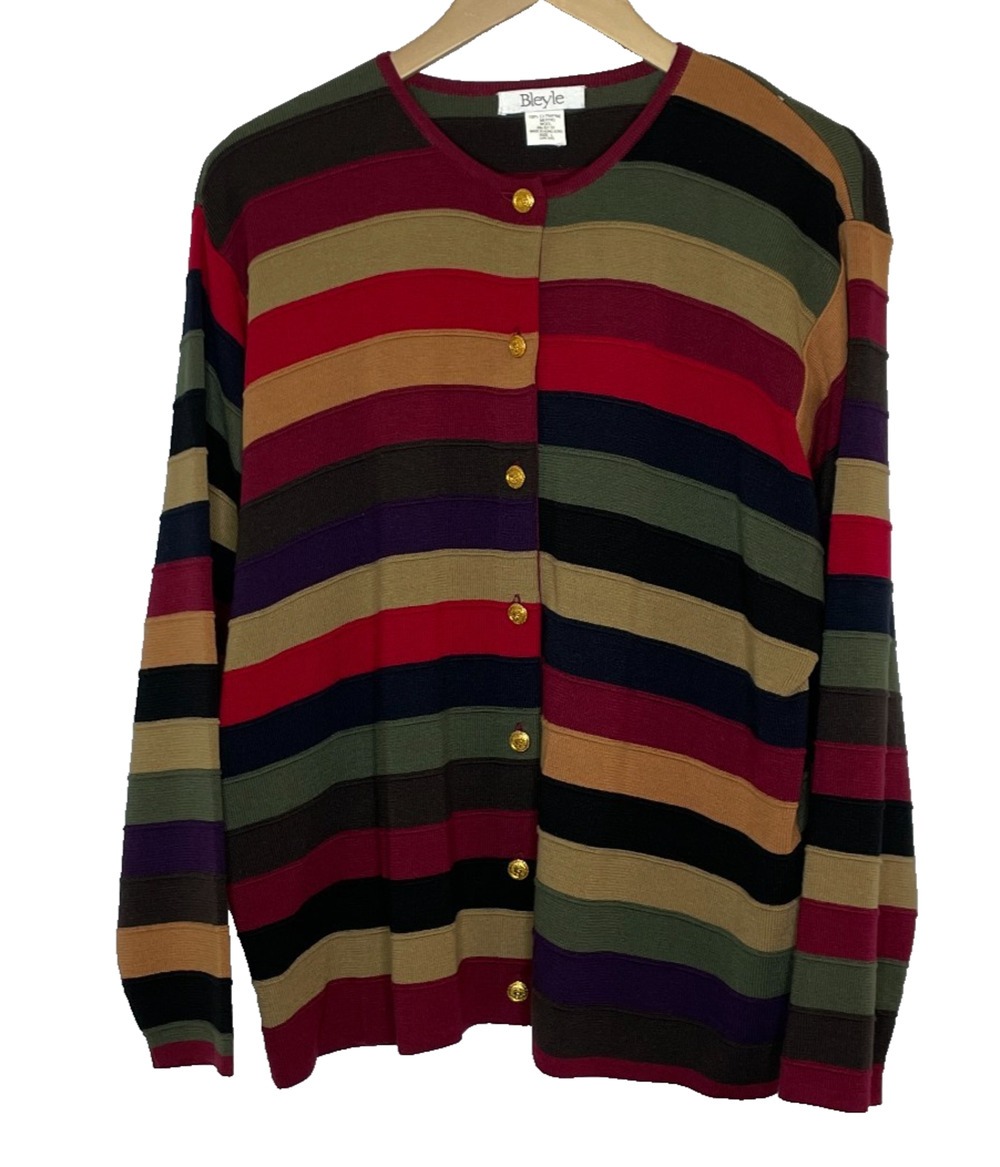 Women's Large Vtg Bleyle 100% Extrafine Merino Wool Colorful Stripe Cardigan